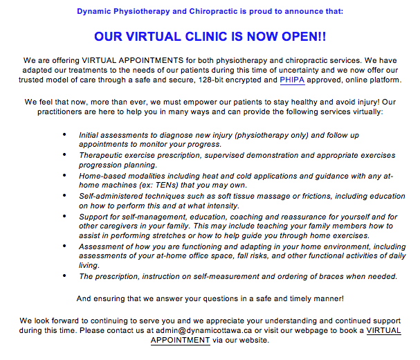 DynamicOttawa's tweet photo. Dynamic Physiotherapy and Chiropractic is proud to announce that:

OUR VIRTUAL CLINIC IS NOW OPEN! https://t.co/vxjKd1ayeE