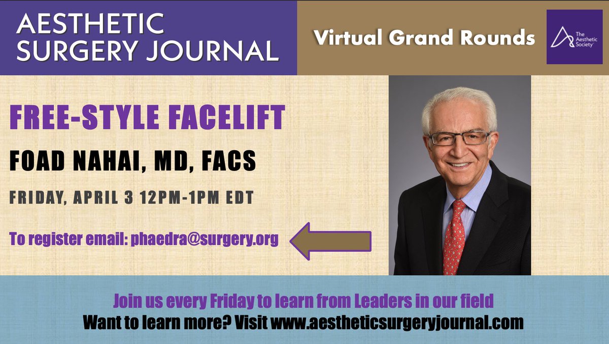 ANNOUNCING: ASJ Virtual Grand Rounds EVERY Friday 12pm EDT during quarantine!  First up, our EIC <a href="/NahaiDr/">Dr Nahai</a> on #facelift. You're home, it's free, join us! Email phaedra@surgery.org to register &amp; learn from the best in #AestheticSurgery <a href="/TheAestheticSoc/">The Aesthetic Society</a> <a href="/clemensmd/">Mark Clemens MD MBA FACS</a>  <a href="/drroykim/">Roy Kim 🇺🇸</a>