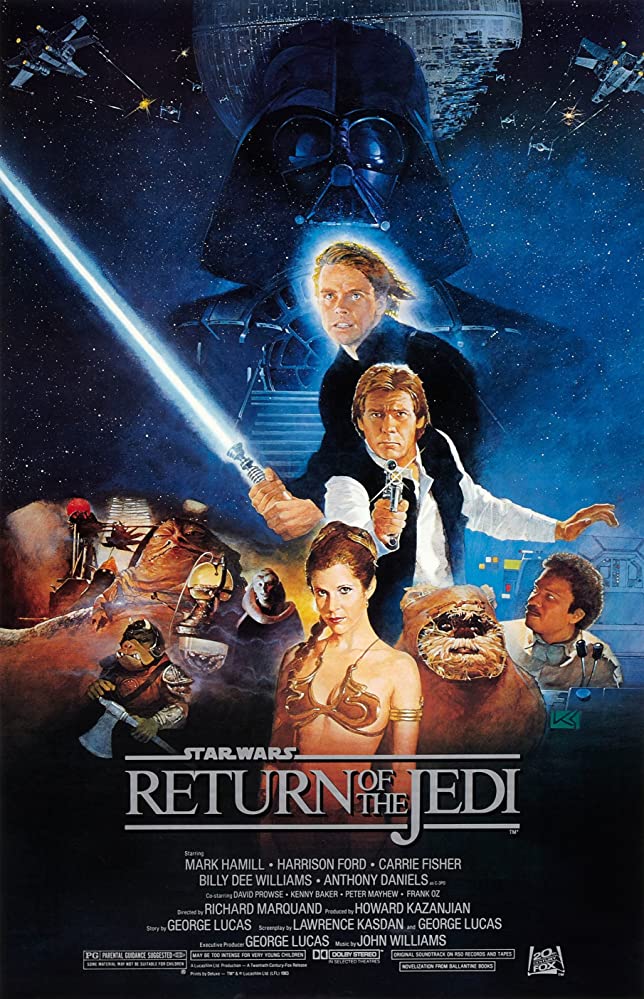  #StarWarsReturnOfTheJedi (1983) Probably the weakest of the original trilogy but still enjoyable and fun, the action scenes are great and has an Epic Conclusion and the character interactions are amazing and honestly the cast is what makes this movie. The score is great