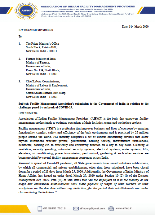 AIFMP1's tweet image. Representation from Facility Management Association #AIFMP @PMOIndia @nsitharamanoffc @FinMinIndia @LabourMinistry @narendramodi