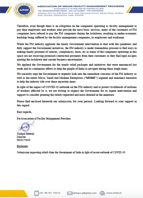 AIFMP1's tweet image. Representation from Facility Management Association #AIFMP @PMOIndia @nsitharamanoffc @FinMinIndia @LabourMinistry @narendramodi