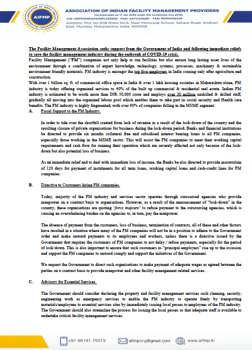 AIFMP1's tweet image. Representation from Facility Management Association #AIFMP @PMOIndia @nsitharamanoffc @FinMinIndia @LabourMinistry @narendramodi