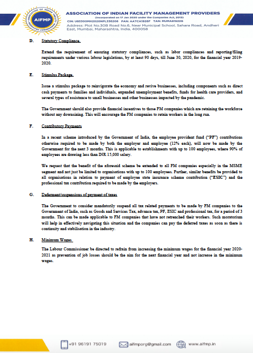 AIFMP1's tweet image. Representation from Facility Management Association #AIFMP @PMOIndia @nsitharamanoffc @FinMinIndia @LabourMinistry @narendramodi