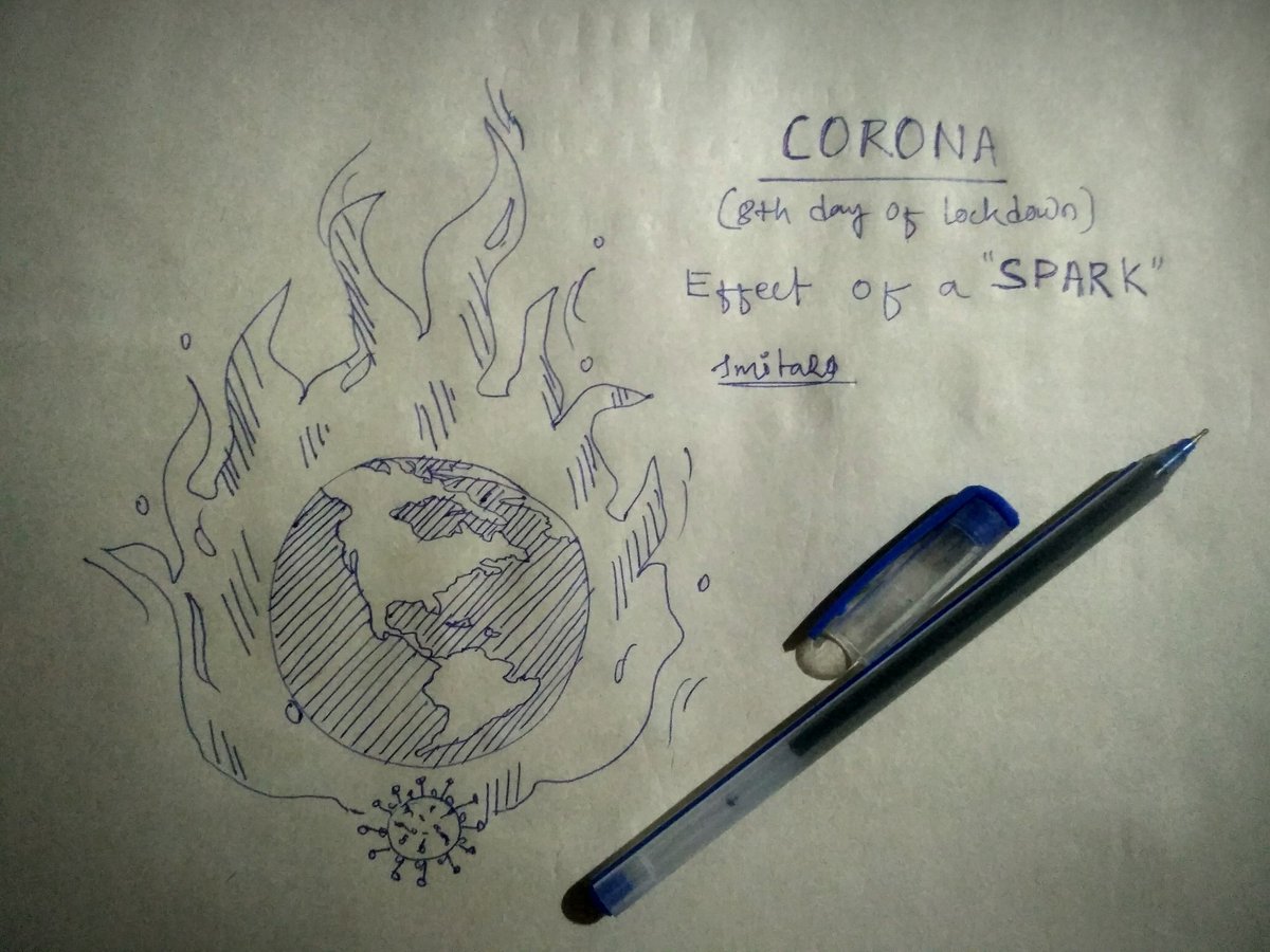 PrangyanSmita's tweet photo. "CORONA"
(8th day of lockdown)
Effect of a "SPARK"
#seriessketch #socialmessages #socialmessage #corona #coronavirus #covıd19 #lockdown #lockdown2020 #lockdown_india #7dayoflockdown #effect_of_a_spark #dailysketch #dailyupdate #pensketch #sketch #sketchbook #Smita #Smita20 #art https://t.co/y3QwV024jT