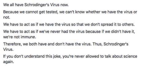 MrTimLane's tweet photo. Schrodinger’s virus (with apologies to the cat!) We need testing! https://t.co/7QlUgo4mpG