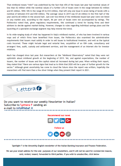 FeBAF's tweet photo. #Spotlight f n. 06/2020. In this issue:
1. Mitigating the effects of #COVIDー19
2. Big players needed for Italy's #PrivateEquity #VentureCapital
3. Property and third party #insurancemarkets
4. No country is an island @bancaditalia
https://t.co/YmU9LOqrO4
@gfrizzuti https://t.co/nFTzLOPs0f