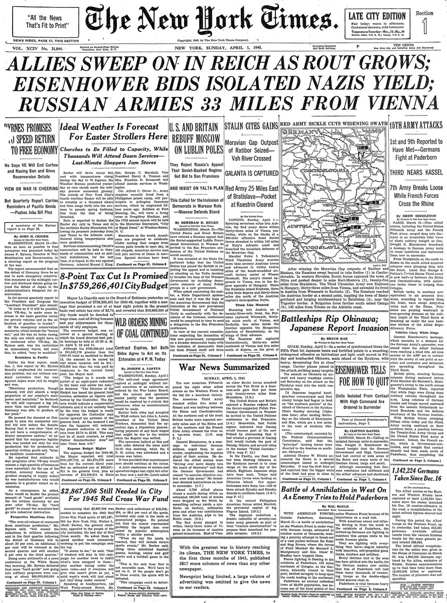 April 1, 1945: Allies Sweep On In Reich as Rout Grows; Eisenhower Bids Isolated Nazis Yield; Russian Armies 33 Miles From Vienna  https://nyti.ms/3aBK8g7 