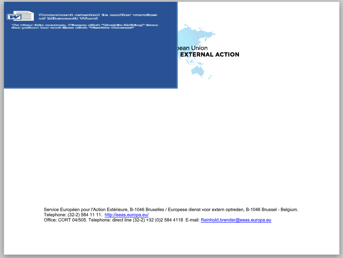 jorgemieres's tweet photo. ⚠️#maldoc based in #EuropeanUnion (#EU) template lure, associated with UN Human Rights Council

☣️EEAS_letterhead.dotx 🔃
➡️027cece935454a2d535fea22baf71b57
((Reinhold.brender[@]eeas.europa[.]eu))

➡️saemaeul[.mireene.]com/skin/visit/basic/log

#Malware #TemplateInjection #T1221 https://t.co/SESYPlp9uQ