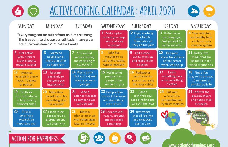 PDSBWellbeing's tweet photo. Wellness Wednesday! In this time more than ever we look to support each other and ourselves. Thank you to
@actionhappiness  for your Active Coping Calendar to start us off this April- hold the jokes! https://t.co/755PKpuG7T