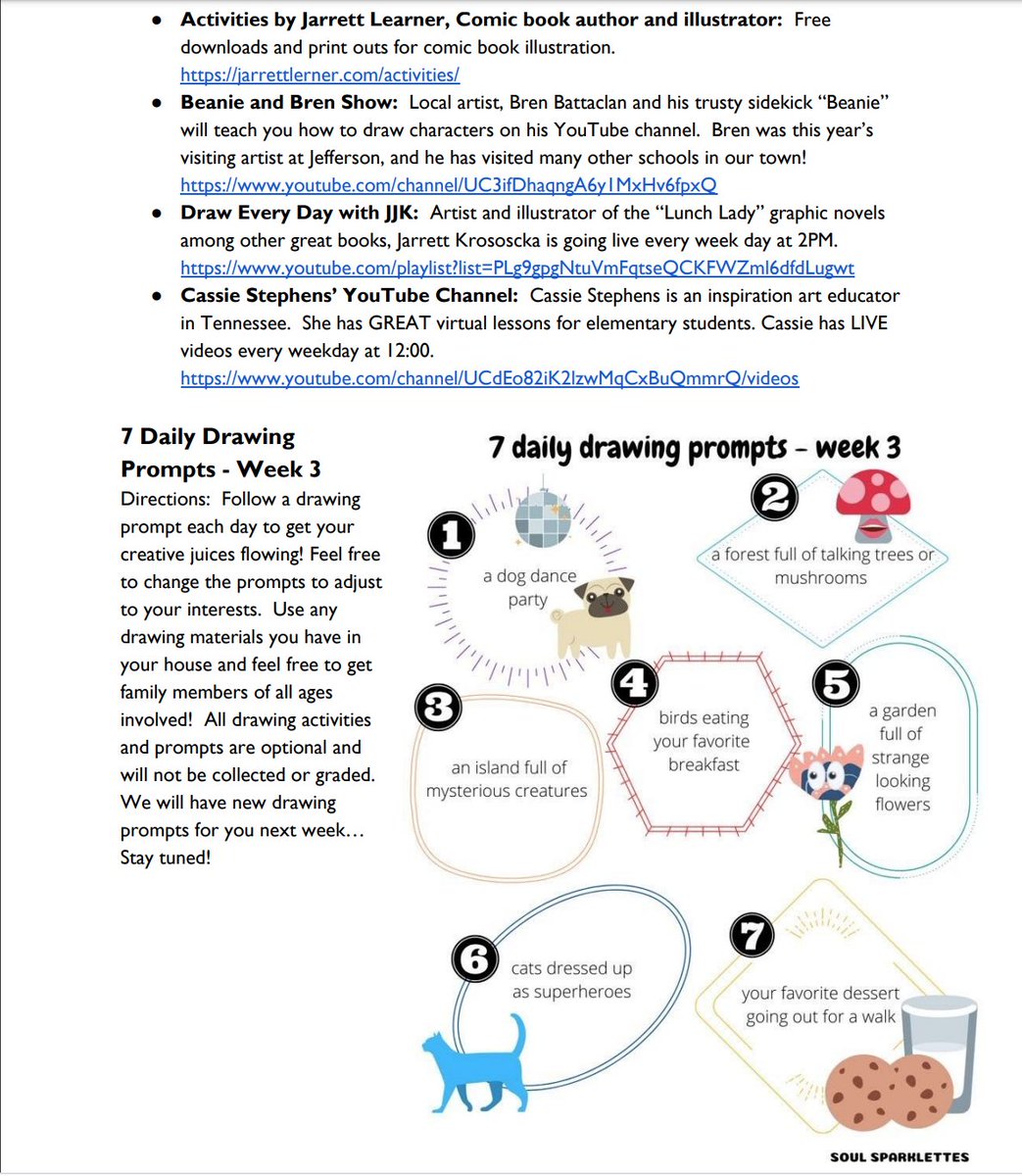 Elementary Art Teachers have the Week 3 art activities for you! Check out our new drawing prompts and please keep sending us photos of your artwork. It makes our day to see what you're creating!

docs.google.com/document/d/1Hm…

<a href="/JeffersonLabs/">Jefferson Labradors</a> 
<a href="/parmenterschool/">Parmenter Elementary</a> 
<a href="/FranklinPSart/">Franklin PS Art Dpt</a>