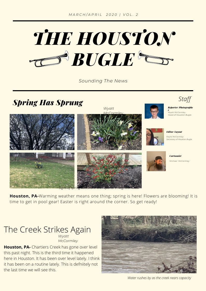 KaylaMccormley's tweet photo. @johnkrasinski @somegoodnews my seven year old is publishing a weekly paper to keep our friends and family entertained. #TheHoustonBugle is #sounding the news https://t.co/4zvLaVH3Aw