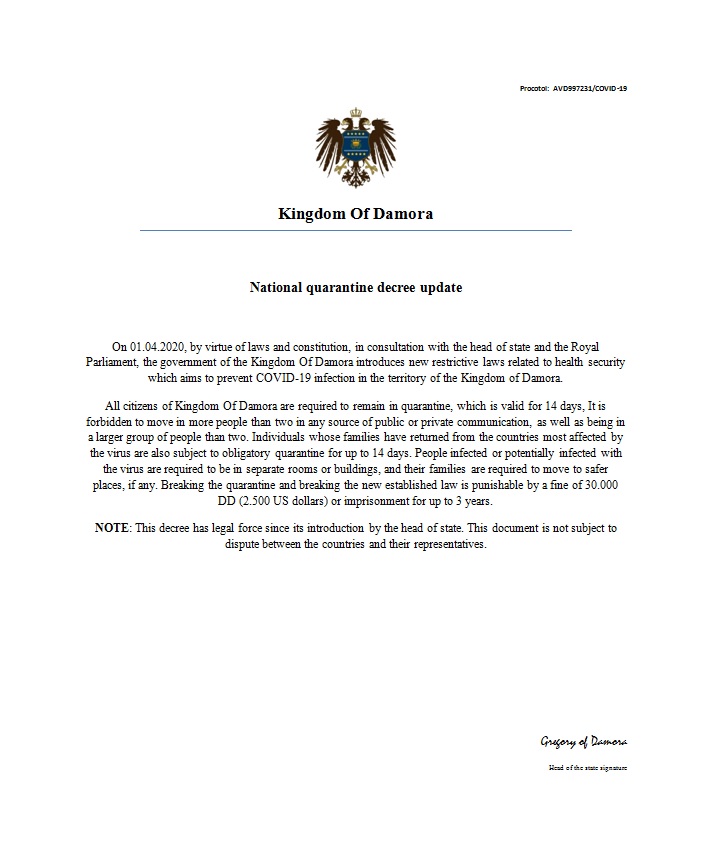 DamoraGov's tweet photo. Kingdom of Damora is establishing a new regulation by the Ministry of Health which aims to tighten restrictive health protection laws against #COVID19 

#micronations #MicroWorld #stateofemergency #UPDATE #UpdateCOVID19 #law #hope #kingdomofdamora https://t.co/hgRqaNIoZ7