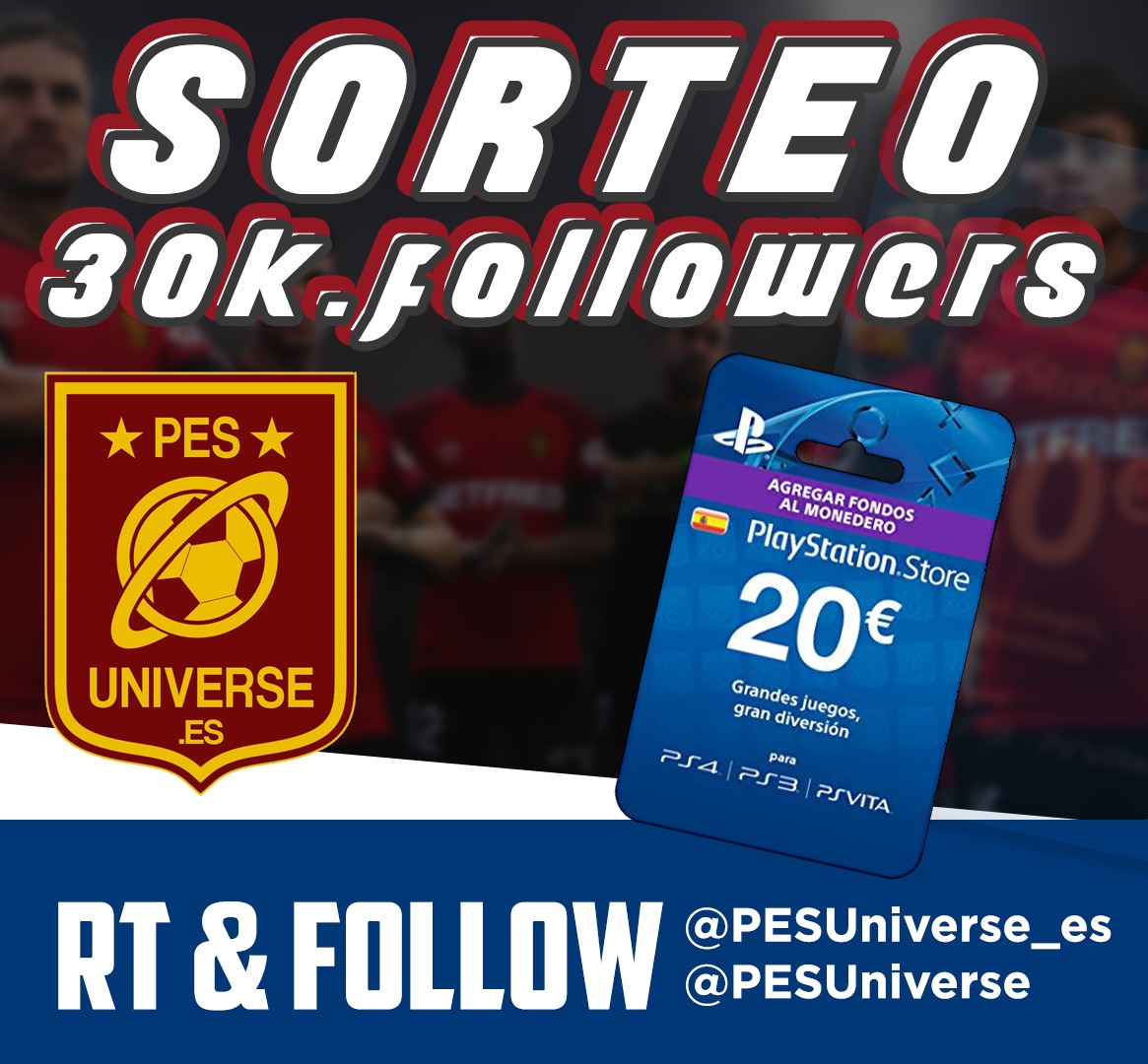 eFootball Universe ES (@pesuniverse_es) on Twitter photo El pequeño y breve sorteo que os prometimos por los 30k en twitter: Sorteamos 20 euros para PSN Plus (con las ofertas de este mes pueden venir muy bien 🧐), entrará en el sorteo todo el que de RT a este tuit y nos siga en esta cuenta y en <a href="/GUniverseES/">GamingUniverse.es</a> . Desde hoy hasta el viernes El pequeño y breve sorteo que os prometimos por los 30k en twitter: Sorteamos 20 euros para PSN Plus (con las ofertas de este mes pueden venir muy bien 🧐), entrará en el sorteo todo el que de RT a este tuit y nos siga en esta cuenta y en <a href="/GUniverseES/">GamingUniverse.es</a> . Desde hoy hasta el viernes