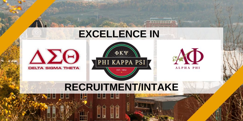 For Excellence in Recruitment/Intake

🏅 <a href="/TheOYDeltas/">WVU Deltas</a> 
🏅 <a href="/PhiPsiWVAlpha/">Phi Psi - WVU</a> 
🏅 <a href="/WVUAlphaPhi/">Alpha Phi WVU</a>