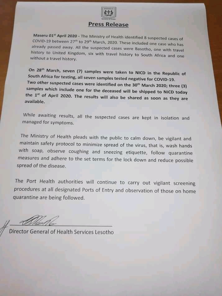 LsNewsday's tweet photo. Health ministry has confirmed that 7 samples of #COVID19 tested on March 28 came back negative. 
It further indicated that 3 samples tested on March 30&amp;31 were all shipped to NICD (South Africa) for testing and results would be shared in due cause.
#COVID19Pandemic
#LesothoHealth https://t.co/t1ytkuzZGn