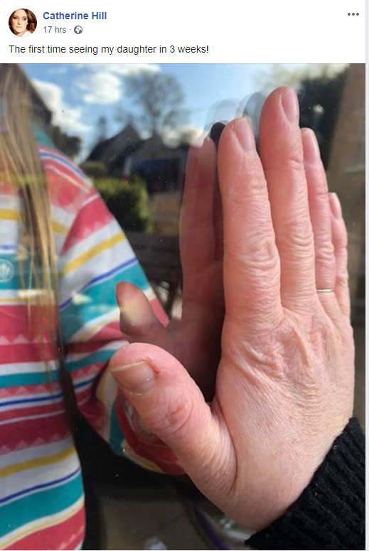 tdm_hill's tweet photo. This is my sister and niece seeing each other for the first time in weeks, because she is a nurse and came down with symptoms of COVID-19. She's recovered now and is cleared to head back to the wards, but doesn't want to risk her daughter's health by hugging her. #COVIDー19 #NHS https://t.co/e8WplxOD34
