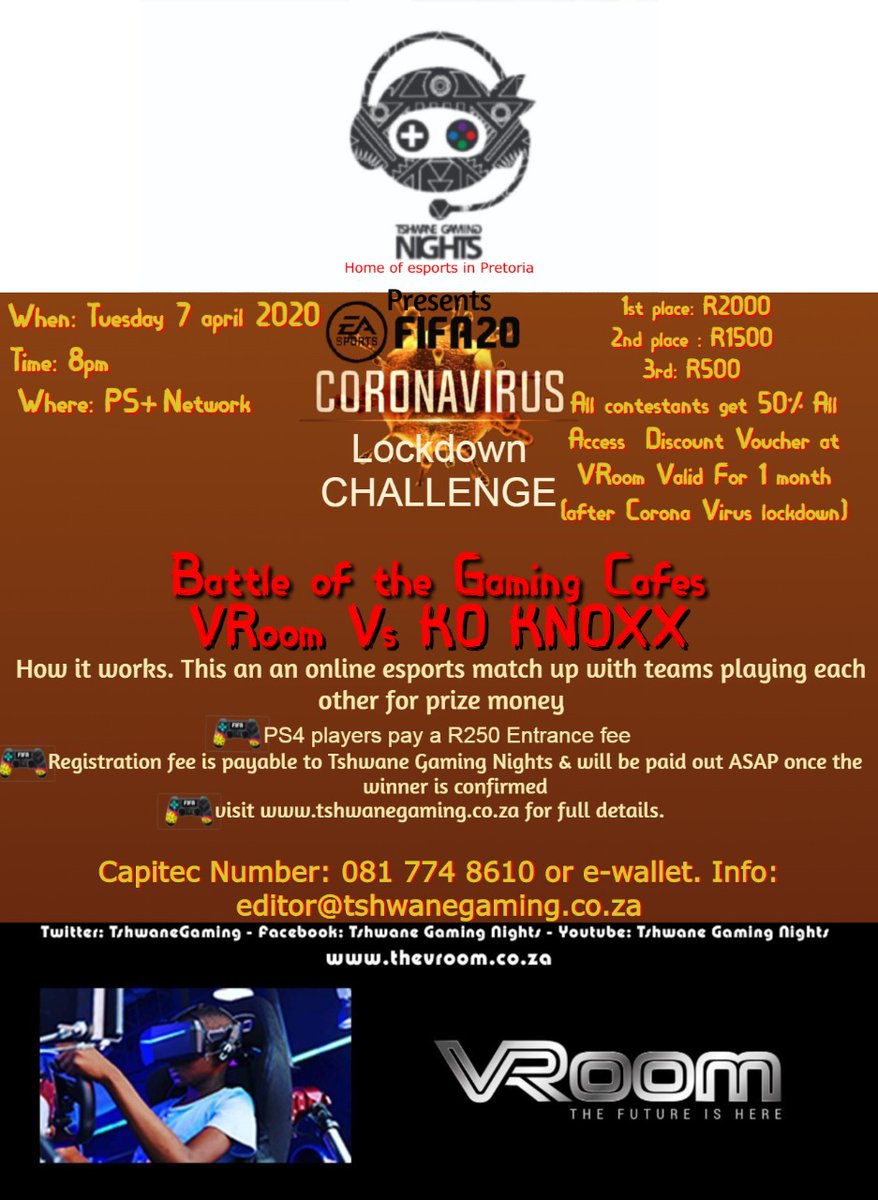 FIFA 20 Corona Virus Lockdown Challenge: Battle of the Gaming Cafes. R4000 total prize money, R250 damage. U got the skillz deposit the billz for the ONLY online FIFA20 comp during lockdown. Holla! #CoronavirusInSouthAfrica #Covid_19SA #esports @EA_SouthAfrica <a href="/VSGamingWorld/">Telkom VS Gaming</a> ⚽️🎮