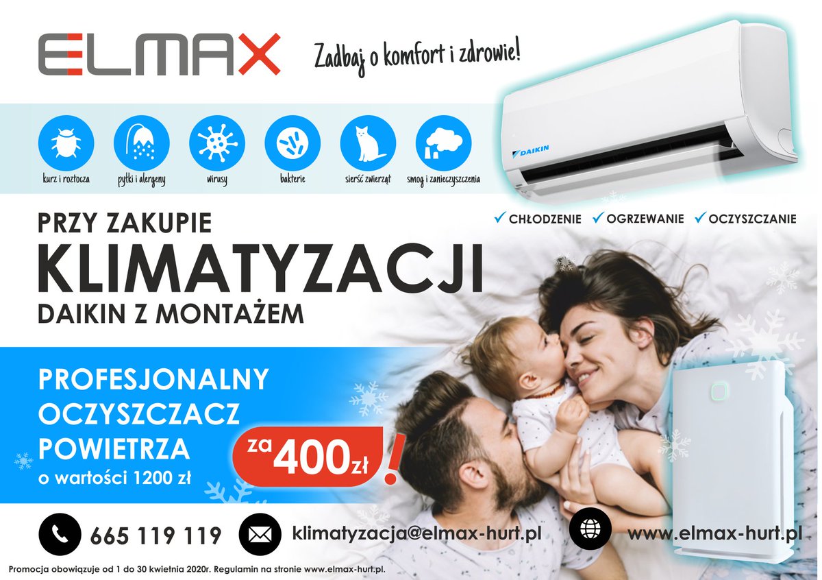 ELMAX_Tychy's tweet photo. #Promocja #ELMAX! Przy zakupie #klimatyzacja #Daikin z montażem oferujemy profesjonalny #oczyszczaczpowietrza w rewelacyjnej cenie! Sprawdź! https://t.co/1dIdoj8h3i