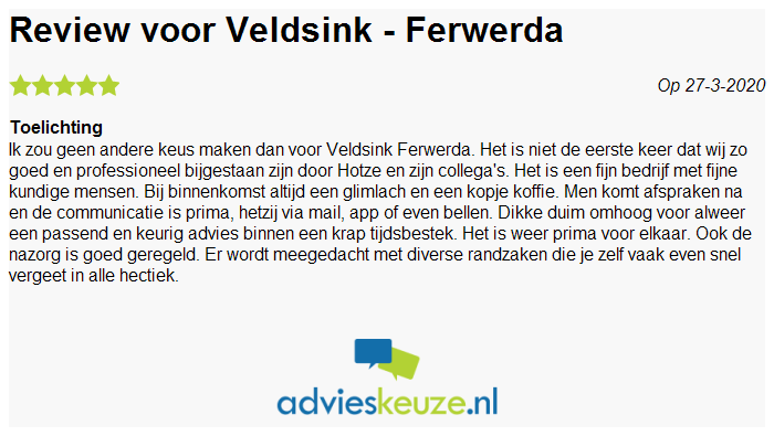 Fijn om ook in dit Coronatijdperk leuke en enthousiaste reviews van klanten te ontvangen! #klantwaardering #advieskeuze #veldsink