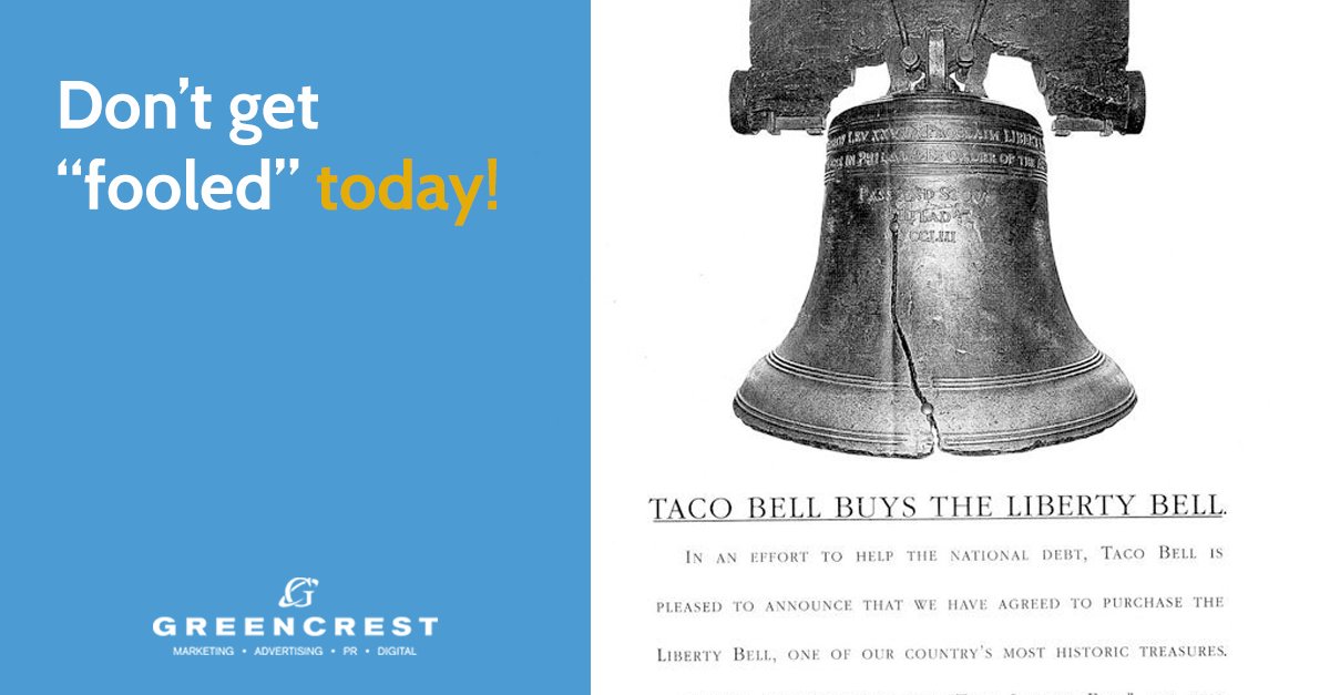 brandpro's tweet photo. Happy #AprilFoolsDay! #DidYouKnow that in 1996, Taco Bell Corporation ran an ad in newspapers claiming it was going to purchase the Liberty Bell and rename it the “Taco Liberty Bell?” The campaign cost Taco Bell $300,000. That’s one expensive prank!
https://t.co/JhF4Lzvj1E https://t.co/TDRFWfd31f