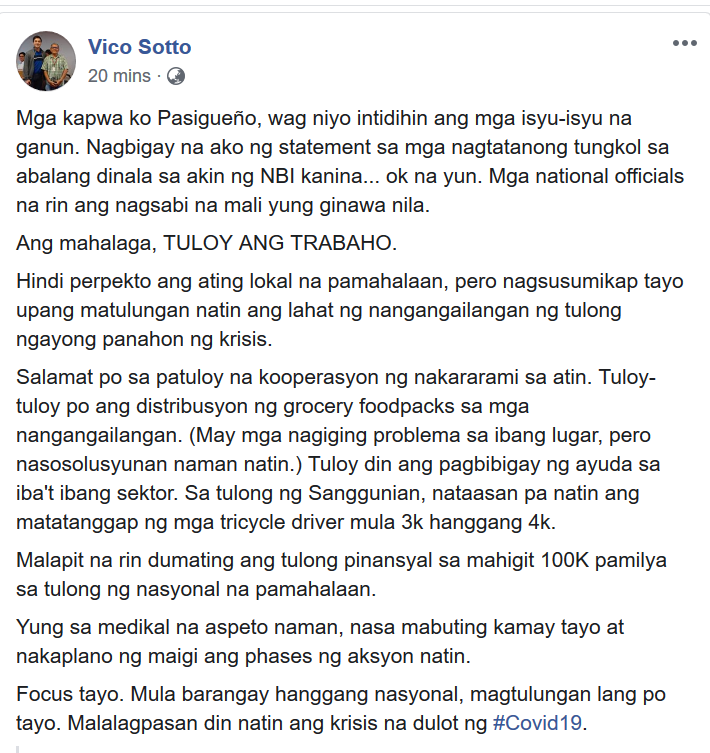 PhilstarNews's tweet photo. "Tuloy ang trabaho."

Vico Sotto's statement following the NBI's request for explanation for his alleged violation of RA 11469/Bayanihan Act, even as the law signed March 24 cannot be applied retroactively. https://t.co/TNMtuWzFx5