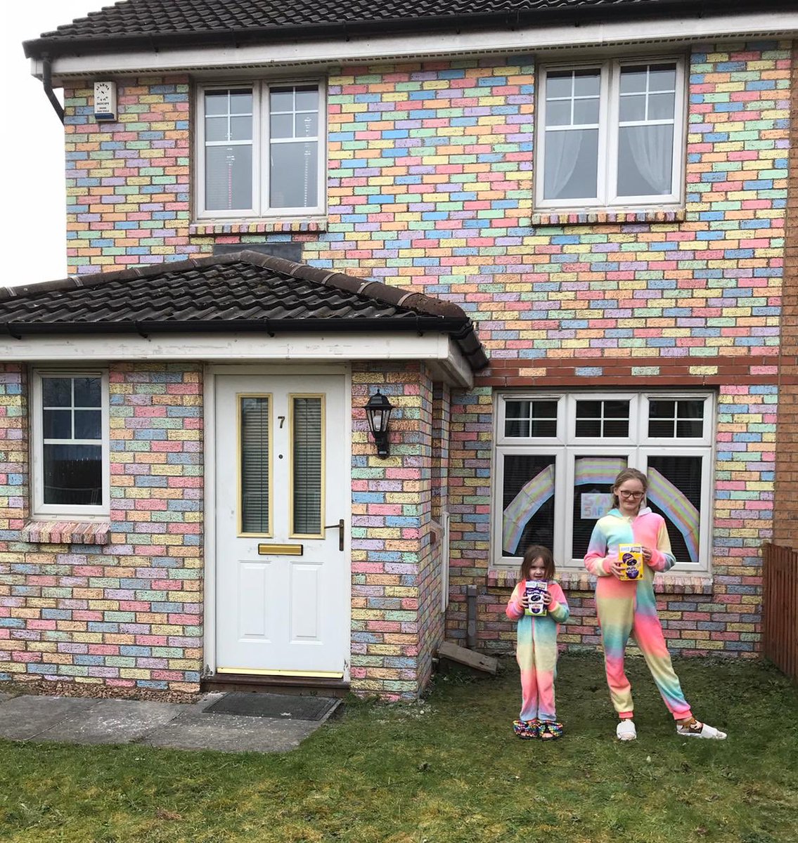 BBCHighlands's tweet image. Well done to Mya, 10, and Mollie, 5, who used chalks to add rainbow colours to the front of their home in Bishopbriggs. 

With adult help for the top half, the girls spent three days on their project, offering some positivity in the lockdown.