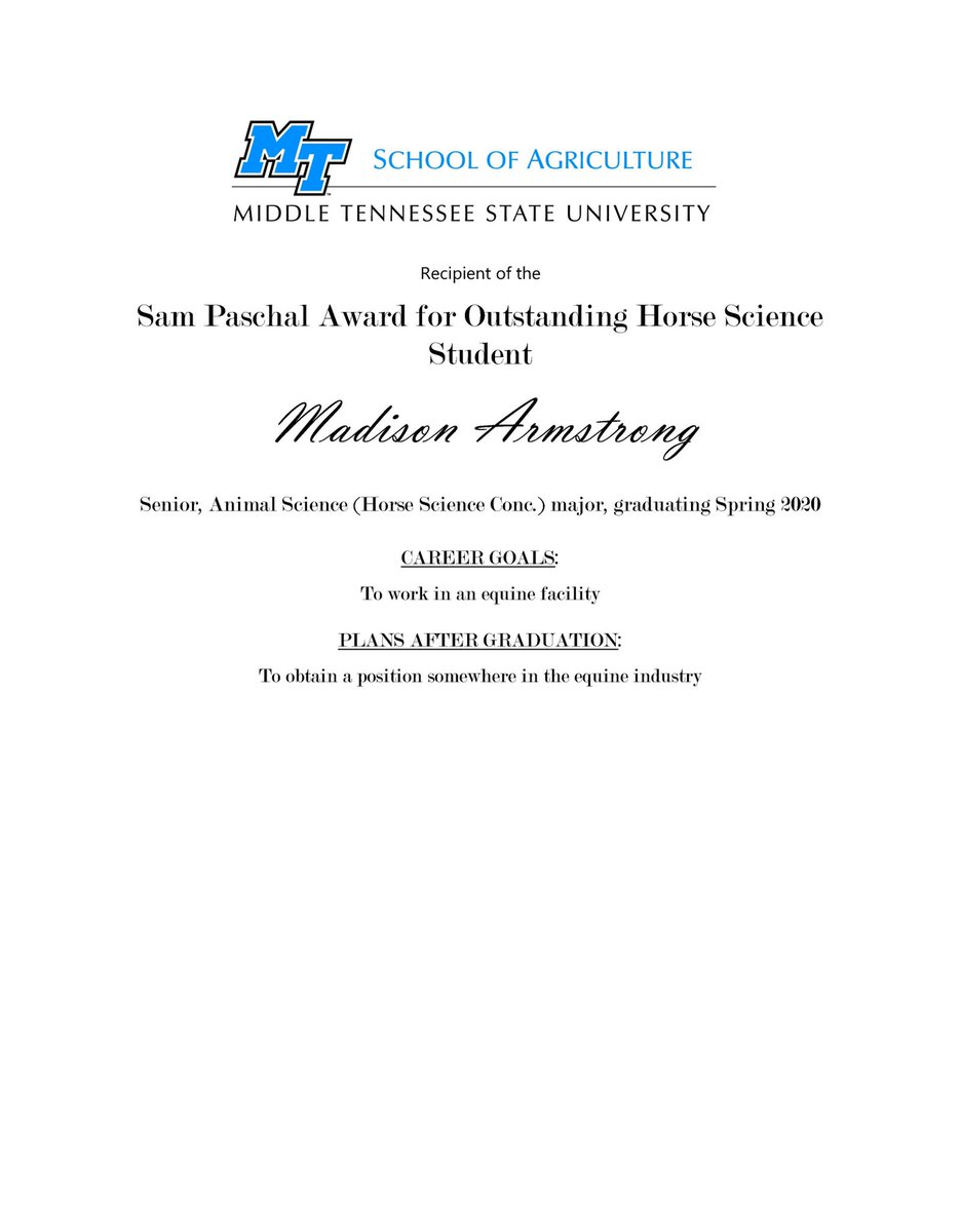 MTSUAg's tweet image. Introducing our 2020 Sam Paschal Award for Outstanding Horse Science Student recipient - Madison Armstrong! Congrats Madison...much deserved! 💙🤝🐴🐎🎉 @MTSUNews