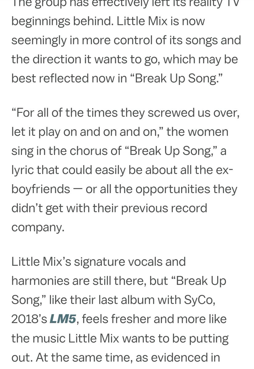 Before moving on to analyzing the song structure and musical inspirations, here's the latest media review about  #LMBreakUpSong   that addresses the label break up and  @LittleMix's difficulty crossing over to the US - an injustice, according to  @migold:  https://twitter.com/migold/status/1245347774322917376?s=19