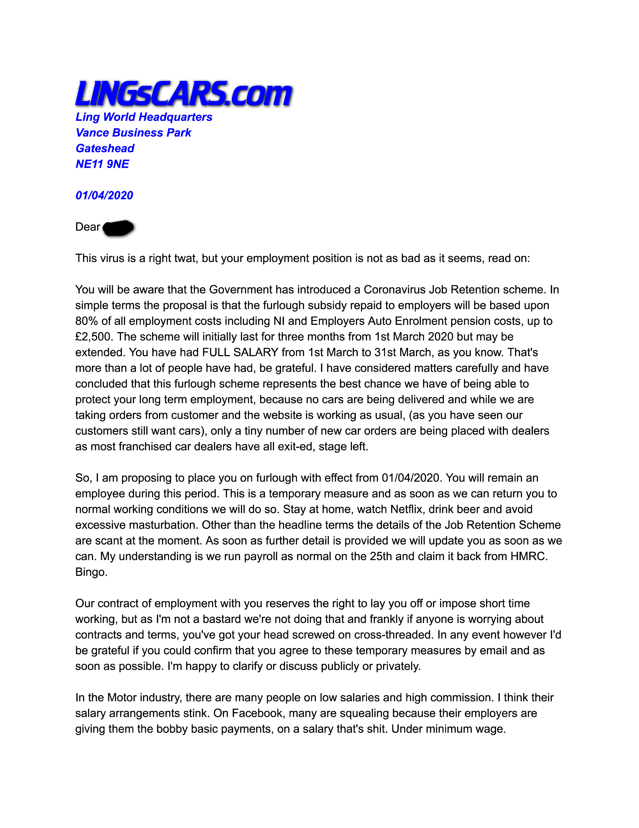 Lingscars Com On Twitter Furlough Letter To My Staff I Publish My Letter To Staff About The Furlough I M Unsure If It Meets Strict Hr Guidelines But For My Staff I