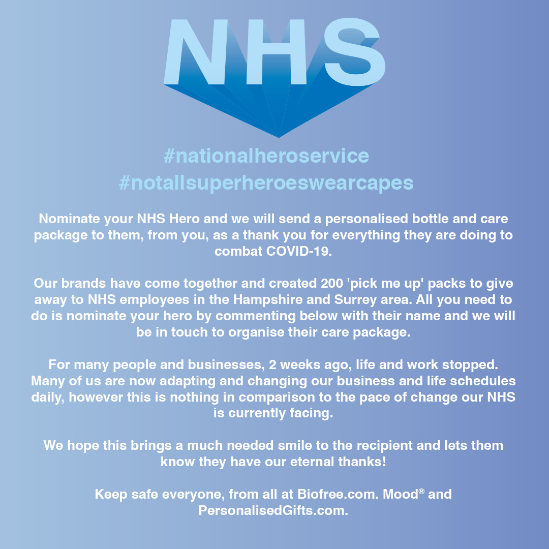 mood_uk's tweet photo. (1/2) As a family business local to Surrey and Hampshire, we wanted to put something together to say thank you to our NHS and where possible support the local community. Please nominate your NHS Hero by commenting below and share this post so that others can take part. https://t.co/a8Zia7Gfob