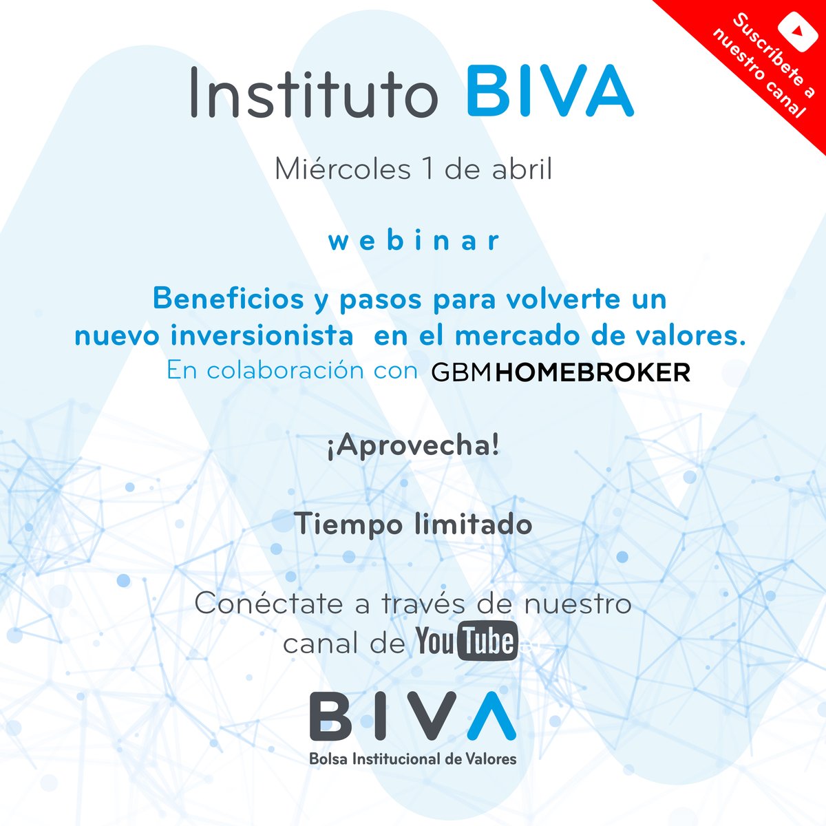 BIVAMX's tweet photo. Recuerda que a partir de hoy ya está disponible en nuestro canal de #YouTube de forma gratuita y por tiempo limitado el #webinar «Beneficios y pasos para volverte un nuevo inversionista en el mercado de valores», realizado en conjunto con @GBMhomebroker y el #InstitutoBIVA. https://t.co/SgTkmDDKA5