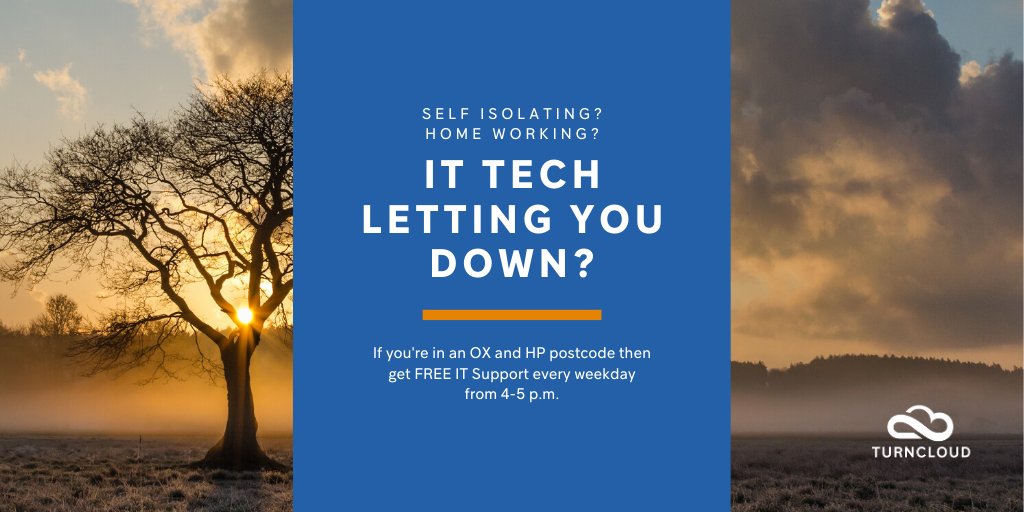 Turncloud's tweet photo. Says it all really…if you're in an OX or HP postcode then get FREE IT support every weekday from 4 – 5 pm – personal or business…we want to help #ITSupport #Bucks #Ox #FreeITAdvice #thame #aylesbury #oxford #oxfordshire #covid19 #coronavirus #ITissue #tech#ITsDifferentHere https://t.co/tZOJZA21N6