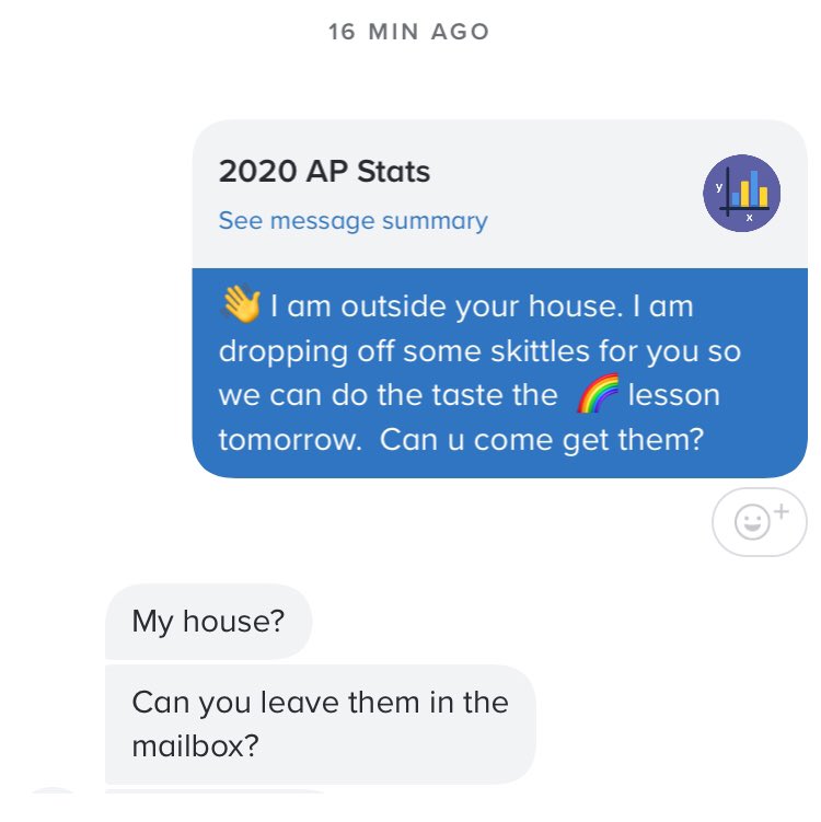 gsteppen's tweet photo. @TheStatsMedic I want you to know I used the Taste the Rainbow context to pull a little prank on my #Apstats students.  I got about 5 nervous replies to my Remind message #AprilFoolsDay https://t.co/kspKowhND0