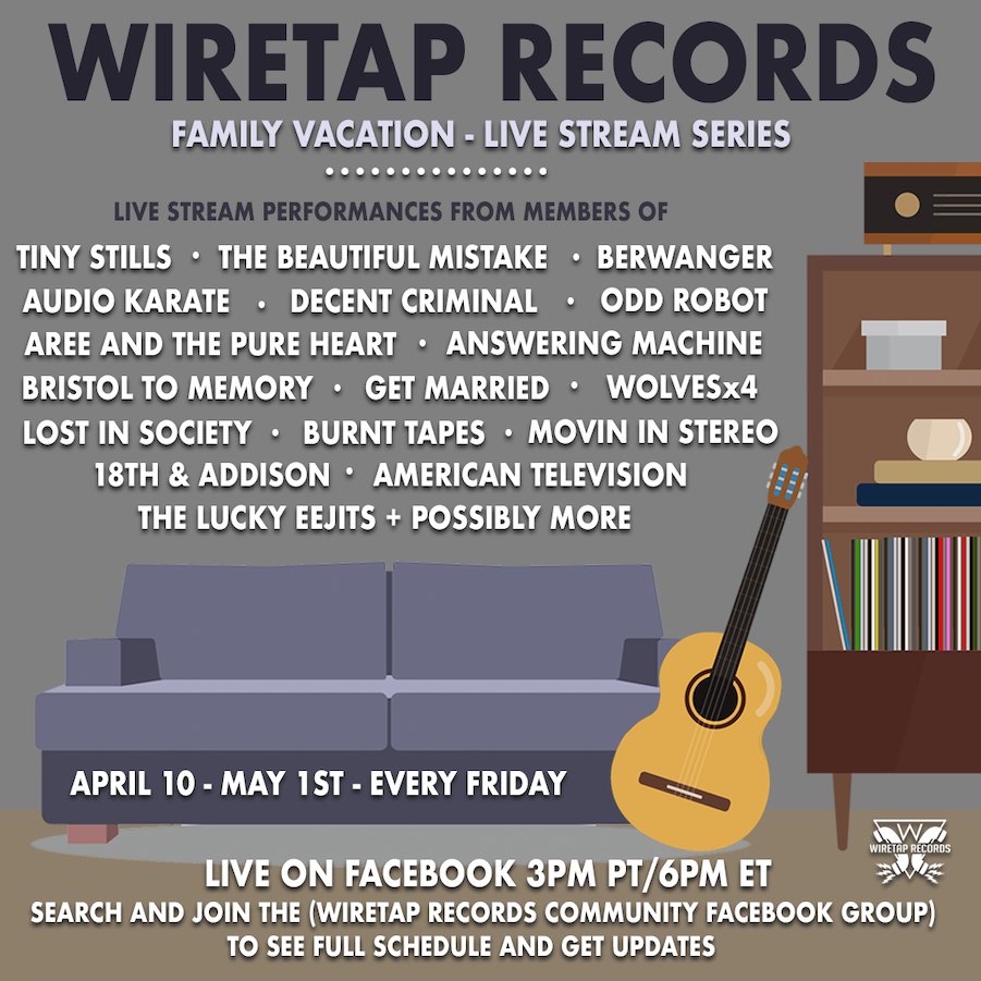Wiretap Records announce a month-long live stream series with .<a href="/OddRobotBand/">Odd Robot</a>, .<a href="/TBMistakeBand/">TheBeautifulMistake</a>, .@DecentCriminal_, <a href="/bristoltomemory/">Bristol to Memory</a>, .<a href="/LostInSociety/">lostinsociety</a>, .<a href="/burnt_tapes/">Burnt Tapes - UK TOUR IN FEB!</a>, and more!// .<a href="/wiretaprecords/">Wiretap Records</a> #wiretaprecords #livestreaming