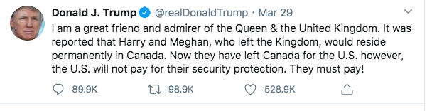 KGALLANT's tweet photo. Healthcare is stressed beyond its capacity and people are dying, and  #POTUS's attention is trained on where Harry and Meghan are choosing to live. Epic fail #Donald. https://t.co/6z9De2I107