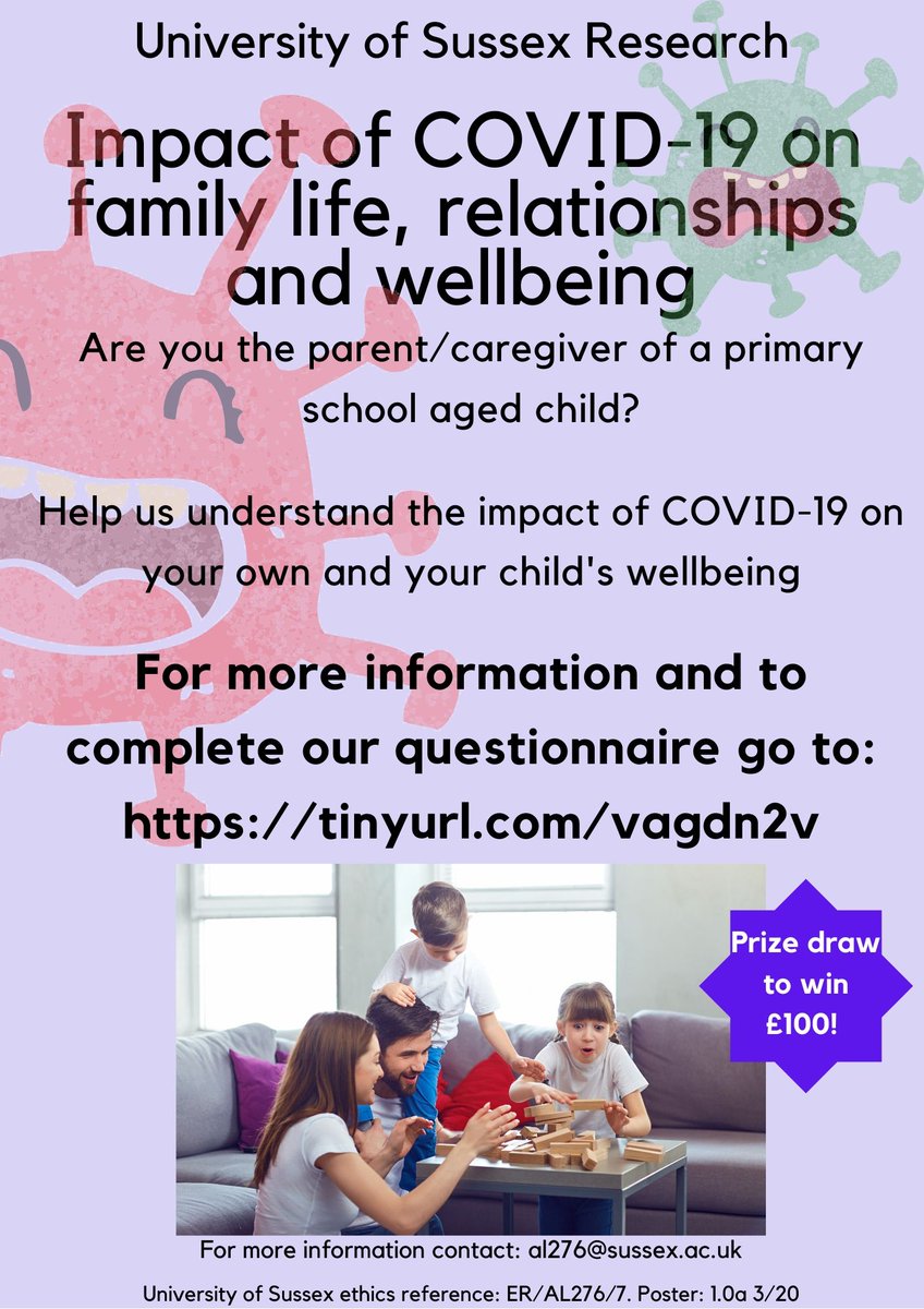 Calling parents/guardians of primary school children in the UK. We are conducting research to track the impact of #Covid_19 on family life and wellbeing. For more info and to complete our questionnaire go to tinyurl.com/vagdn2v 
Prize draw to win £100, £50 or £25 in vouchers
