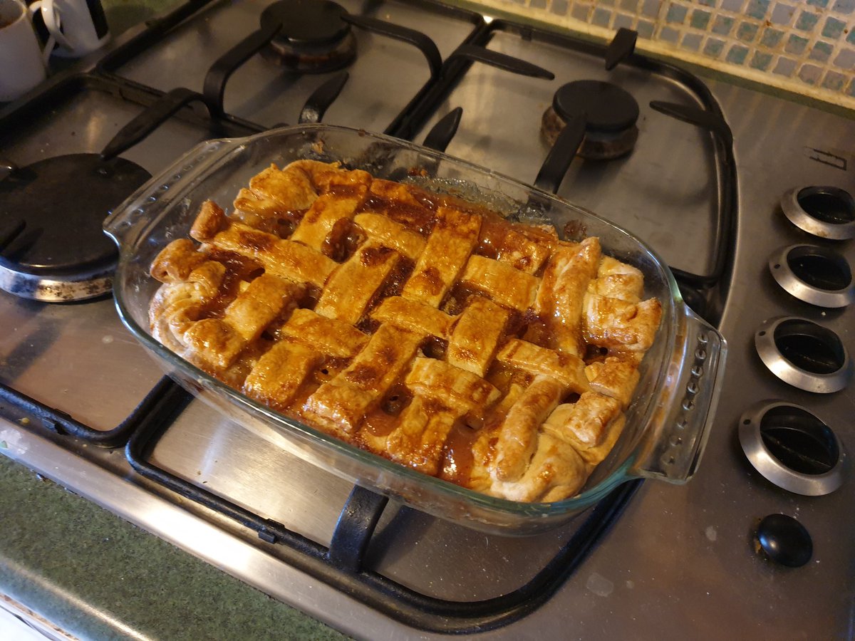 lowellkm's tweet photo. Today's #lunchtimelockdown project was a mini peach pie! Canned peaches from the back of the cupboard and pre rolled dough made prep take only 10min. 😁 https://t.co/xkUgKxxJ1f