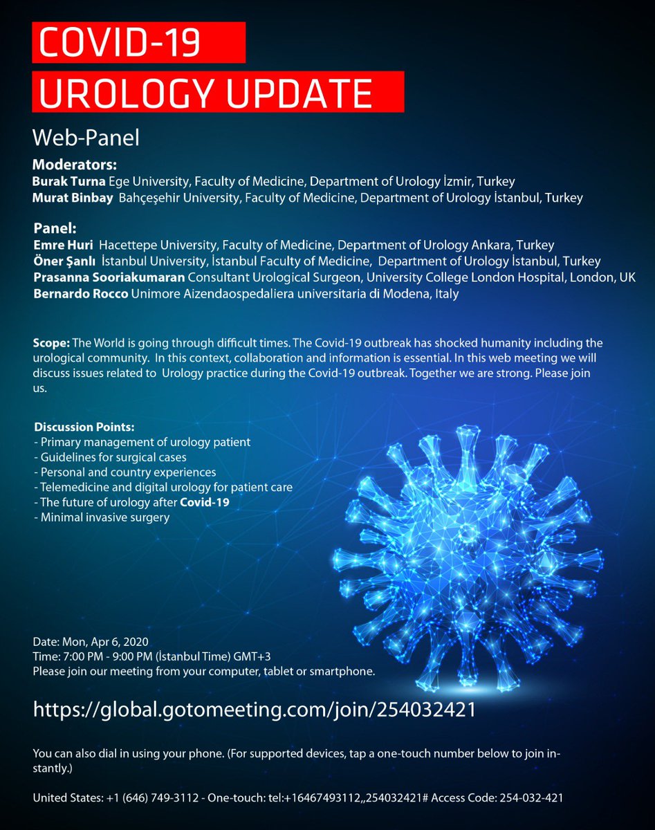Dünya ilginç bir dönemden, adeta toplumsal bir dönüşümden geçiyor. Biz Urologlar da Covid 19’un etkilerini, özellikle günlük pratiğimize yansımalarını konuşmalıyız. Bizlere katılın.