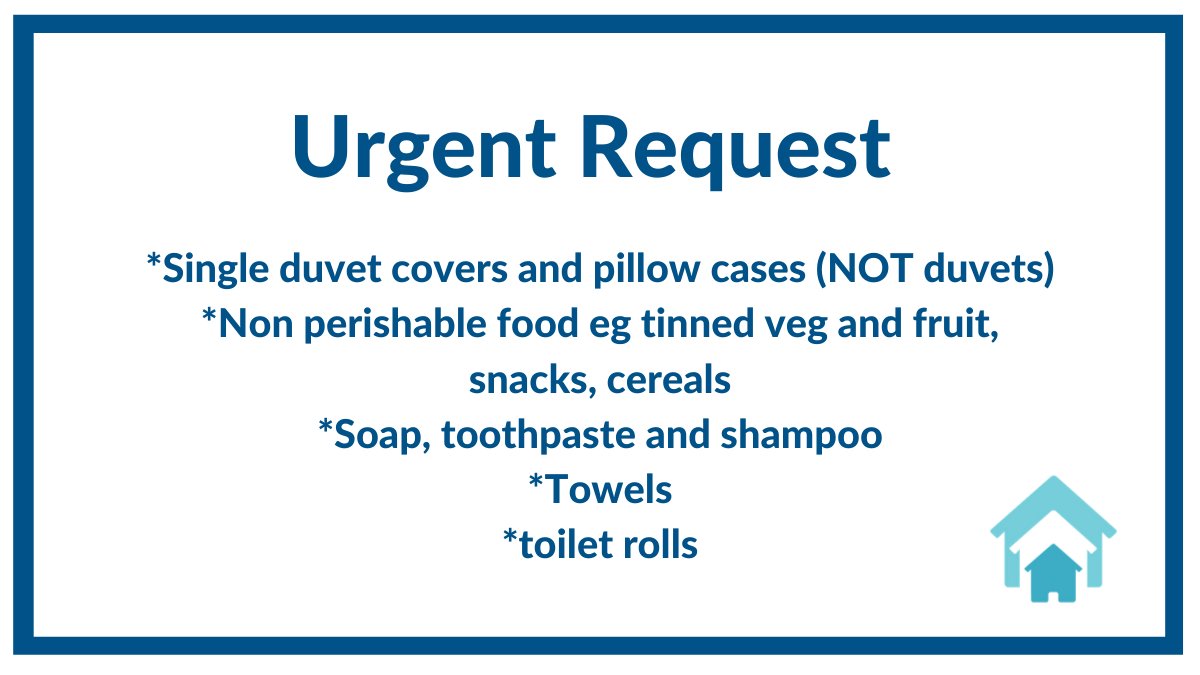 Urgent Request: 
*Single duvet covers and pillow cases (NOT duvets)
*Non perishable food eg tinned veg and fruit, snacks, cereals
*Soap, toothpaste and shampoo
*Towels
*toilet rolls
To be dropped off at 55 New King St, BA1 2BN, on Friday 3rd April or Monday 6th.