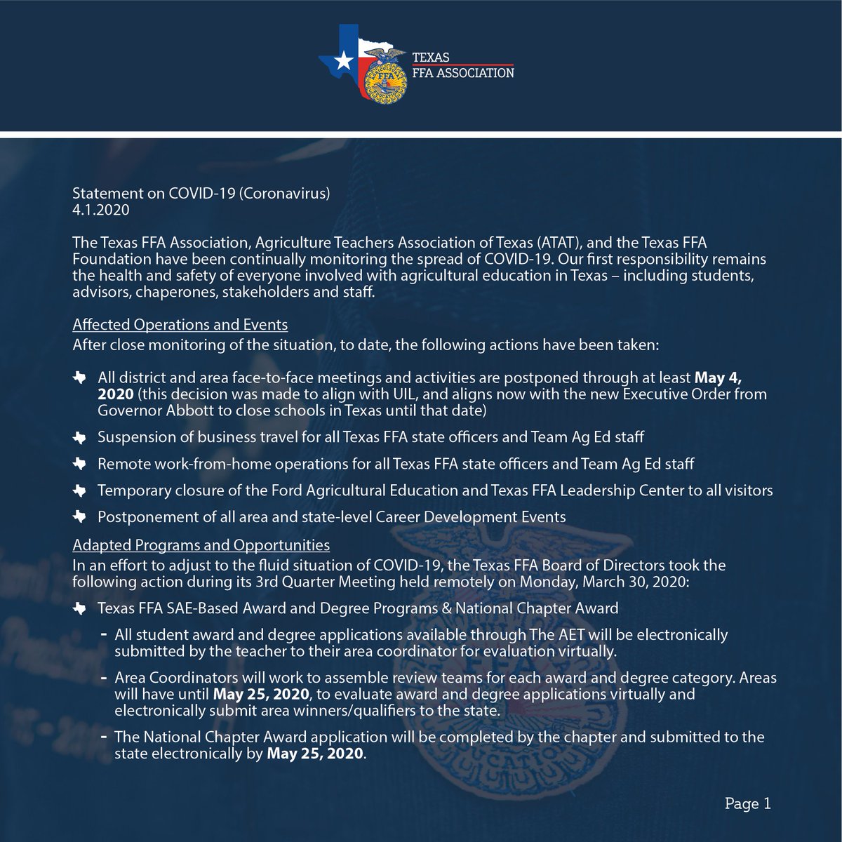 TexasFFA's tweet photo. An update from the Texas FFA Association. https://t.co/w3P71IqkBL
