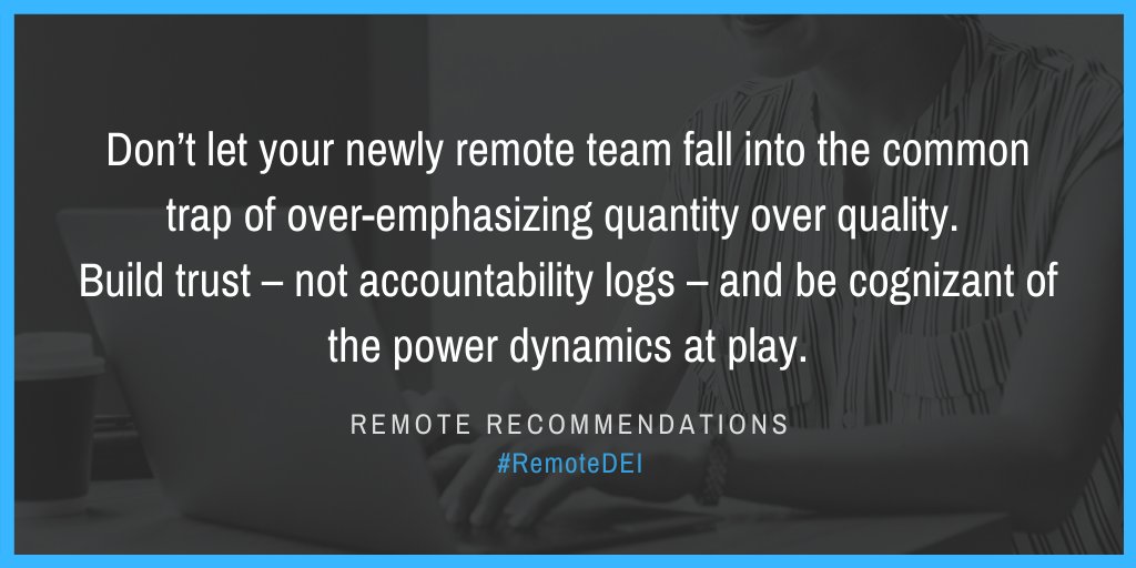 NextGenLC's tweet photo. Don��t let your newly remote team fall into the common trap of over-emphasizing quantity over quality. Build trust – not accountability logs – and be cognizant of the power dynamics at play. #RemoteDEI #remotework #WFH
https://t.co/ECuaQpIJkK https://t.co/g8puKL1bOI