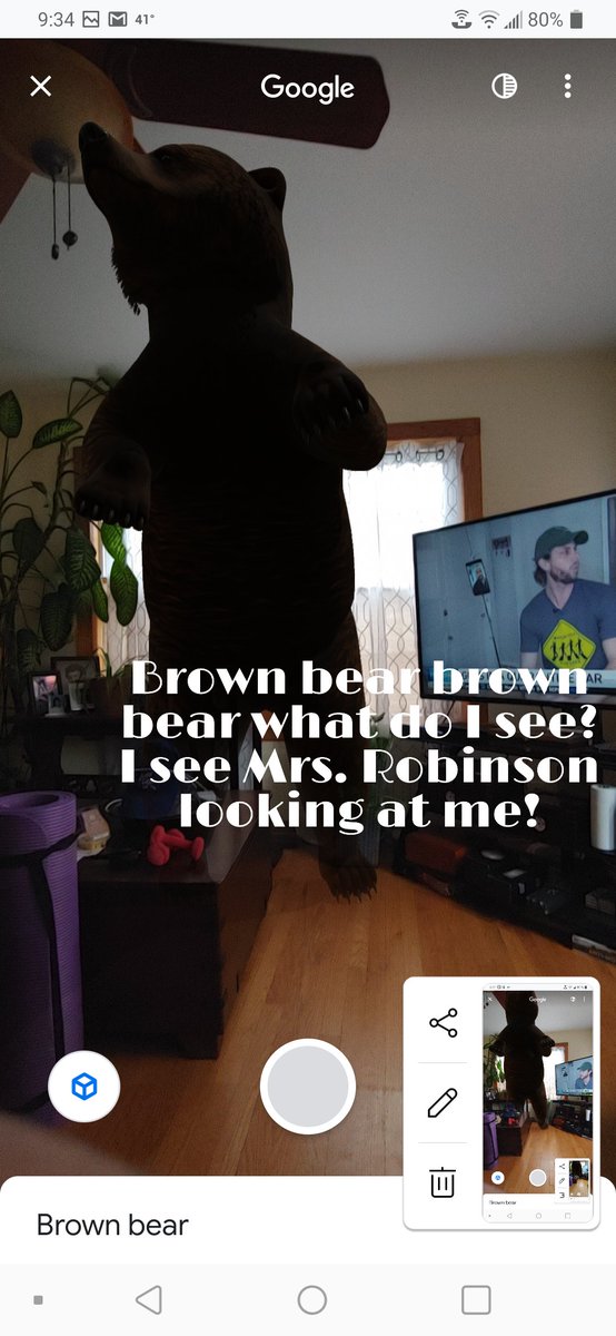 MannLibrary's tweet photo. Brown bear Brown bear what do I see? I see a Brown Bear looking at me!  and IN MY TV room!  #weared97 , #mannschool , #libraries97, #oakpark97 https://t.co/GDYZC97XPr