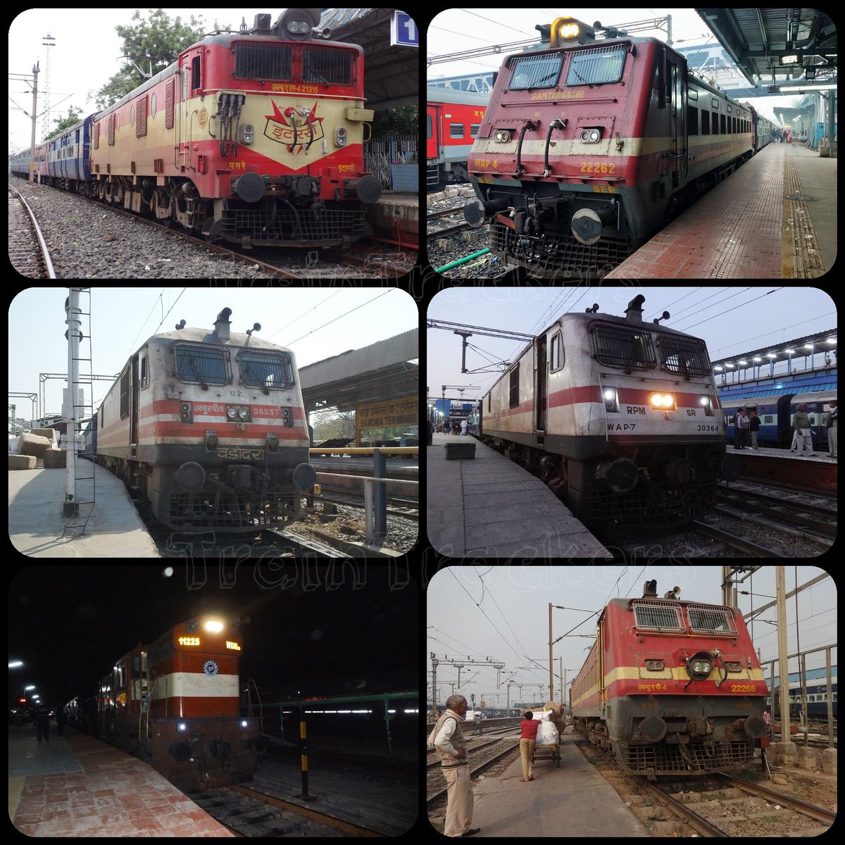 traintrackers's tweet photo. (Clockwise) Aranyak Exp with ET WAM4, Rupasi Bangla Exp with SRC P4, Grand Trunk Exp with RPM P7, Bihar Sampark Kranti with CNB P4, Ajanta Exp with Pune WDM3D,  Saurastra Janta Exp with BRC P5. 
Happy Birthday to all of these trains...
#TeamTrainTrackers https://t.co/EYaGlWATyz