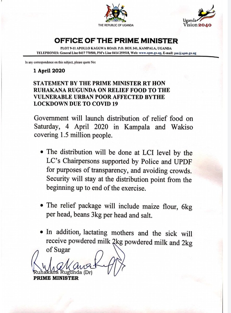 In implementating the directive by HE <a href="/KagutaMuseveni/">Yoweri K Museveni</a>, <a href="/GovUganda/">Government of Uganda</a> will this Saturday April 4th,start providing relief food to the most vulnerable&amp;affected by measures to combat #COVID19. Let us all continue observing <a href="/MinofHealthUG/">Ministry of Health- Uganda</a> &amp; the President's guidelines to defeat COVID-19