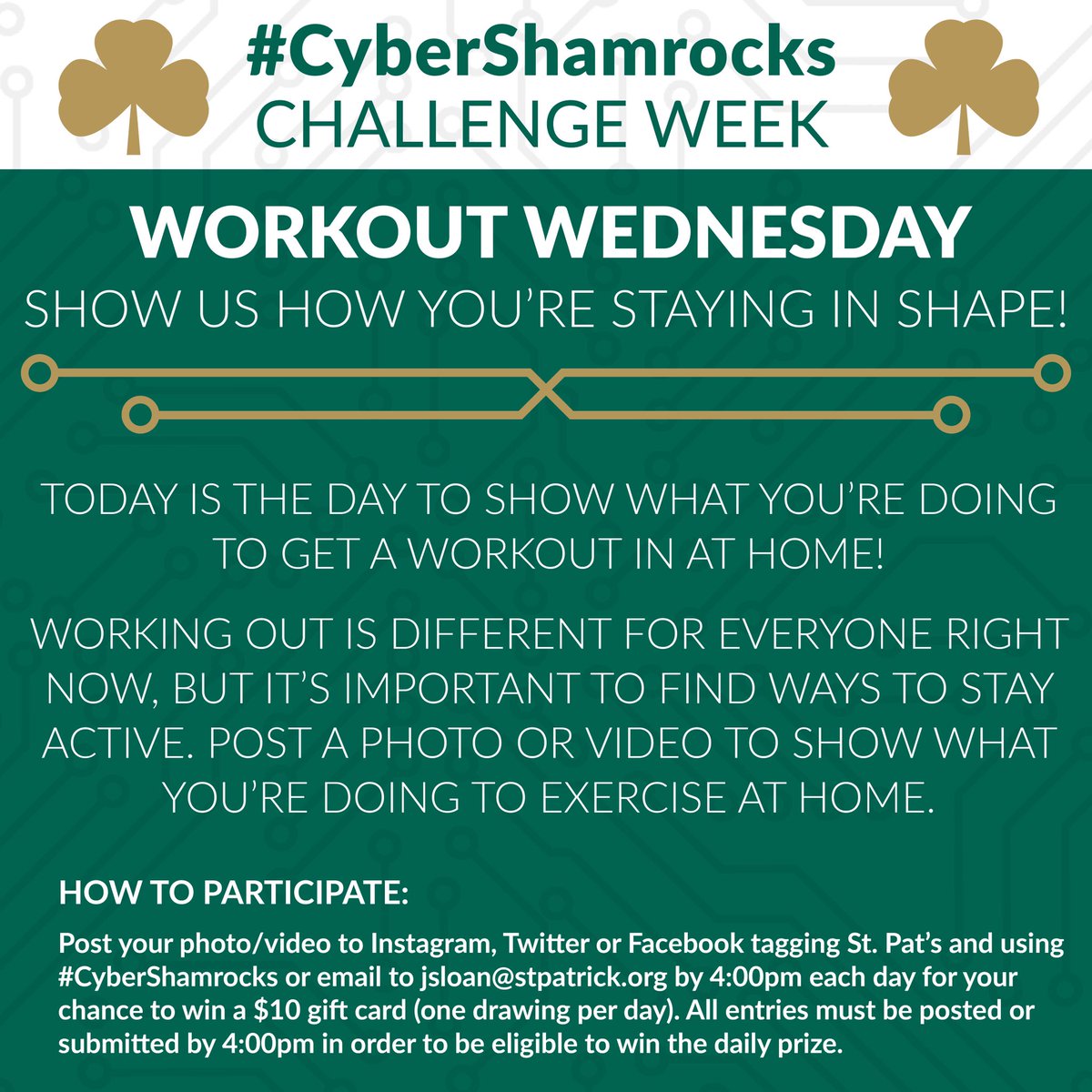 SaintPatrickHS's tweet photo. Shamrocks! It’s #WorkoutWednesday. Show us a video or photo of what you’re doing at home and challenge a few of your fellow Shamrocks to do the same. Post, tag @SaintPatrickHS or email jsloan@stpatrick.org by 4 pm to qualify for a $10 gift card. #CyberShamrocks #ShamrockStrong https://t.co/KX9E16nAKN