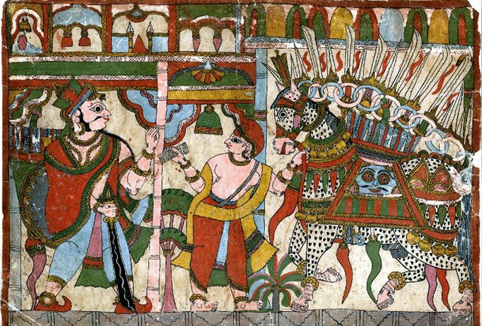 Ritual of Ashvamedha :The horse to be sacrificed was of white colour, but with black spots on it. The preparation included constructing a fire altar and a sacrificial house. Image of a painting from Karnataka with Ashvamedha horse on it, 19th century.