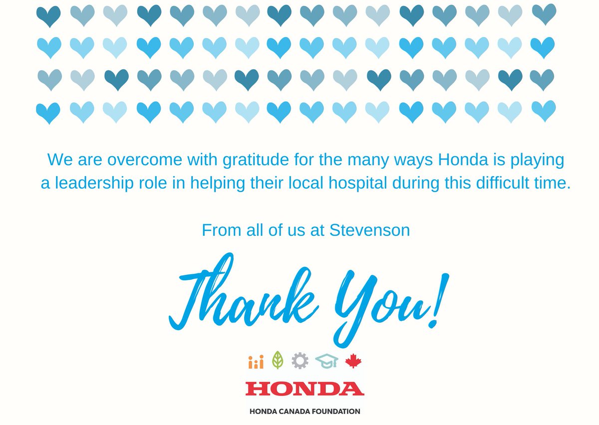 StevensonFdn's tweet photo. We're so thankful to the Honda Canada Foundation/@HondaCanadaMfg for their leadership support in response to COVID-19. They completed urgent renovations at Stevenson, made connections to vendors to assist with our pandemic response, and donated critical PPE for front-line staff. https://t.co/Mx4L08K7Dx