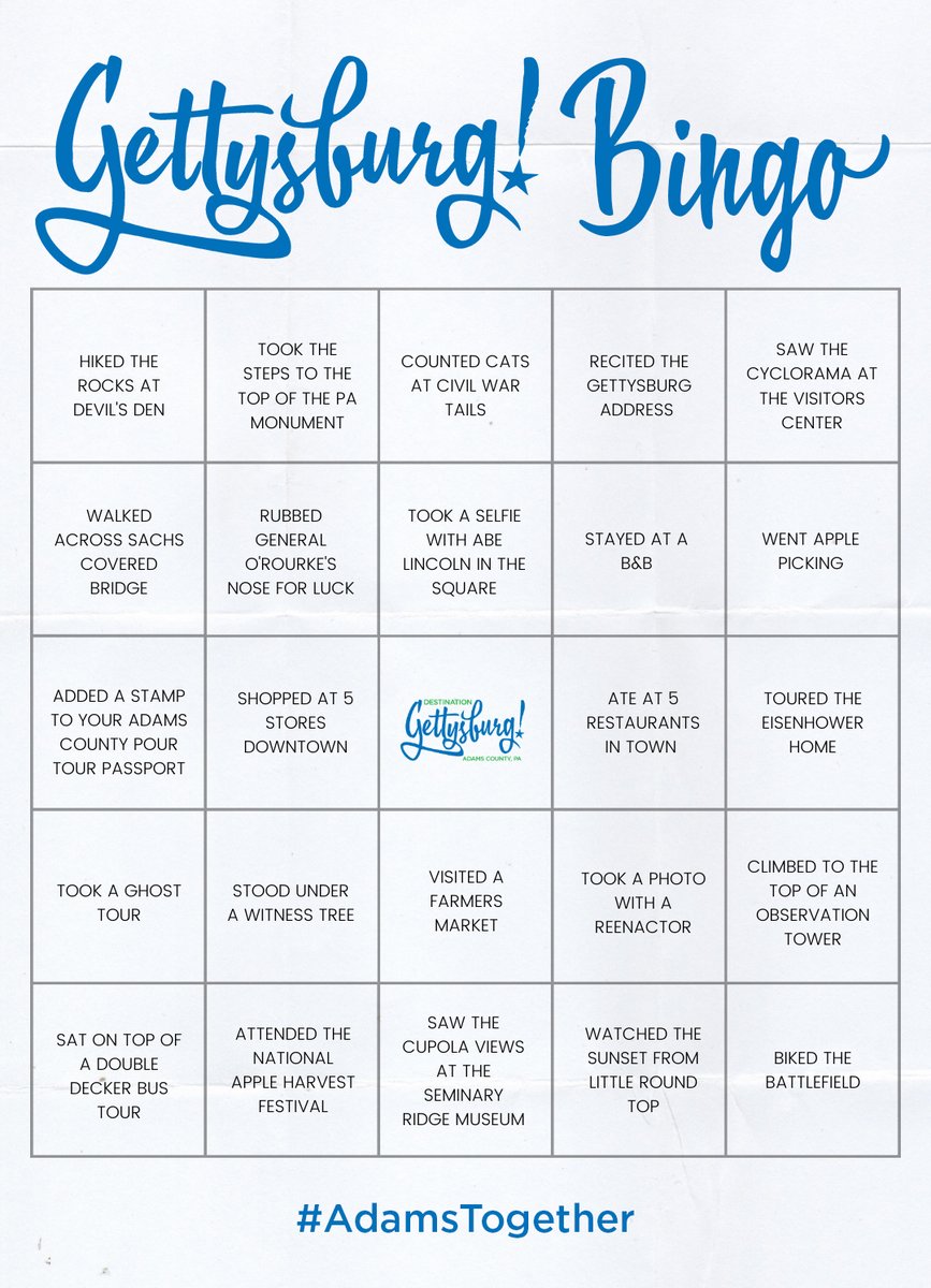 DestGettysburg's tweet photo. It’s time for Gettysburg bingo! Can you get bingo by crossing off the things you’ve experienced in Adams County? 

Let us know by showing off your bingo cards! #AdamsTogether https://t.co/xDG2JQnP6Z