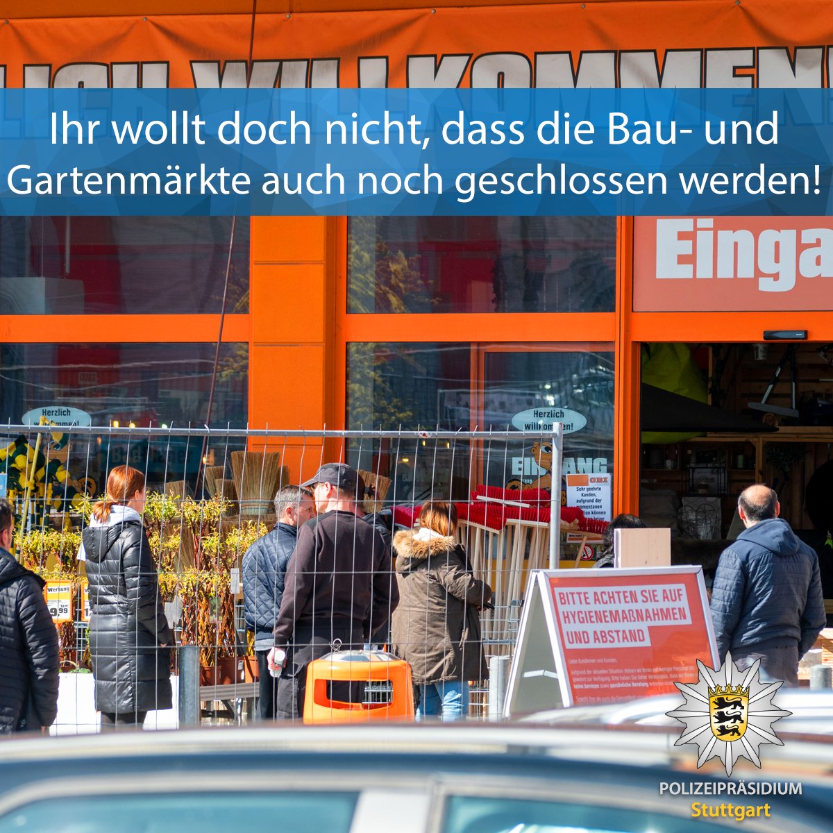 PP_Stuttgart's tweet photo. #Info Weil sich mehrere Bau- und Getränkemärkte im Stadtgebiet nicht an die vorgeschriebenen Maßnahmen zur Eindämmung des #Coronavirus gehalten haben, werden wir unsere Kontrollen intensivieren. Zur Pressemeldung ▶ https://t.co/PzD8L4S54M Eure #Polizei #Stuttgart https://t.co/3uFyx1xiAu