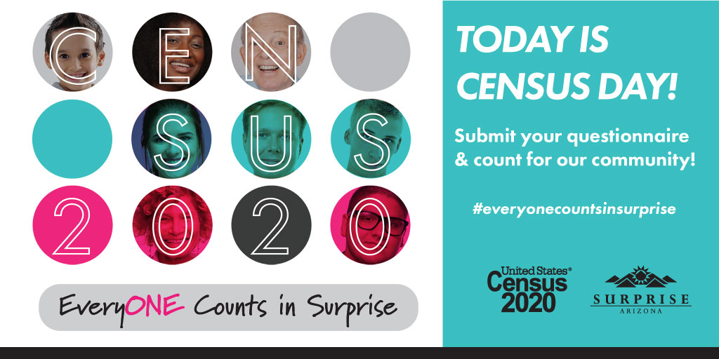 AZSurprise's tweet photo. Today is #NationalCensusDay! If you haven’t already submitted your questionnaire, respond online now: https://t.co/4p1I6bhsa7
See how Surprise is doing: https://t.co/BfHt02OmDI
More info: https://t.co/3xJbSfGrCP
#EveryoneCountsInSurprise #2020Census #Census2020 #iCount2020 https://t.co/esPYgGIfOv